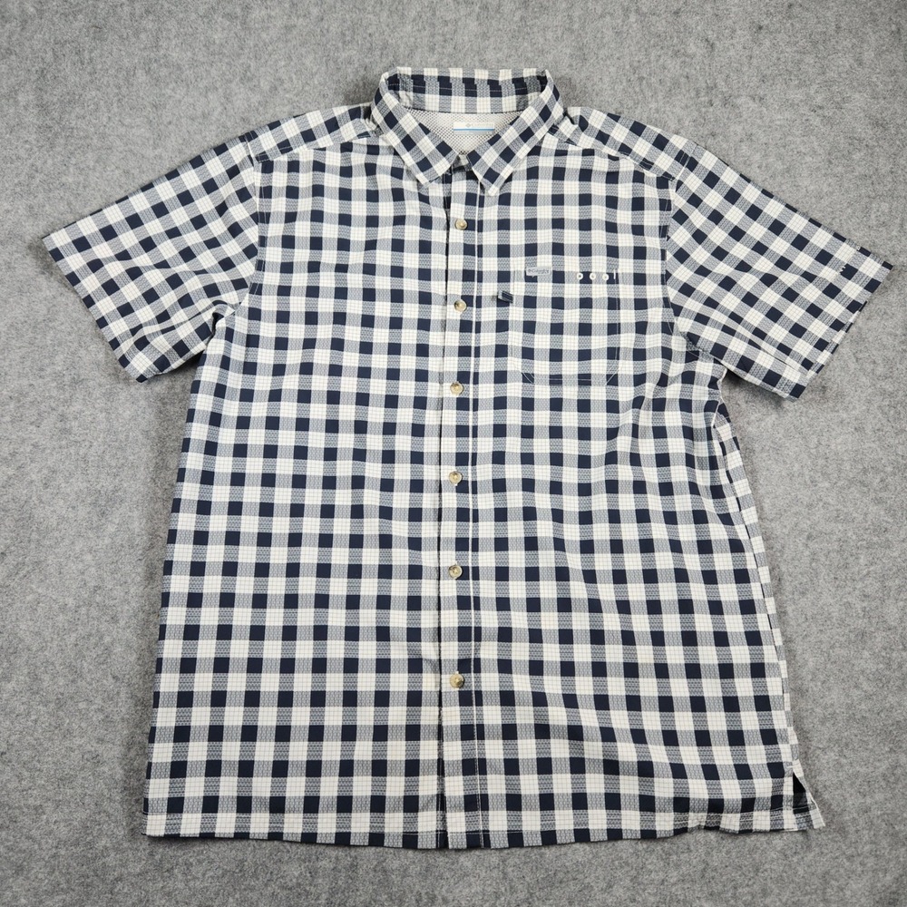 Columbia PFG Shirt Mens Large Blue Plaid Short Sleeve Button Up Fishing Vent